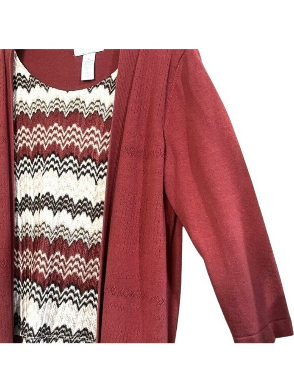 Alfred Dunner Knitwear Cardigan Rust Open Front Chevron Gold Tan Patterned Tank - Picture 15 of 16